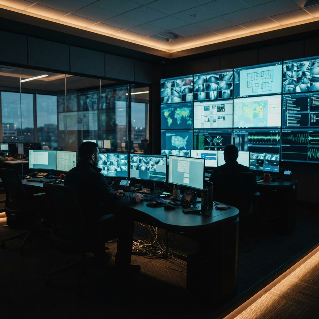 An Alocity security operations center, with operators monitoring camera feeds and door activity