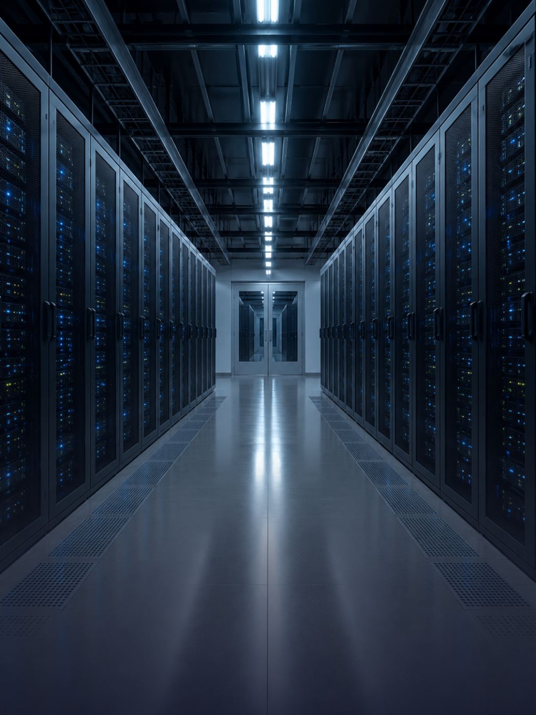 Data center aisle lined with illuminated server racks