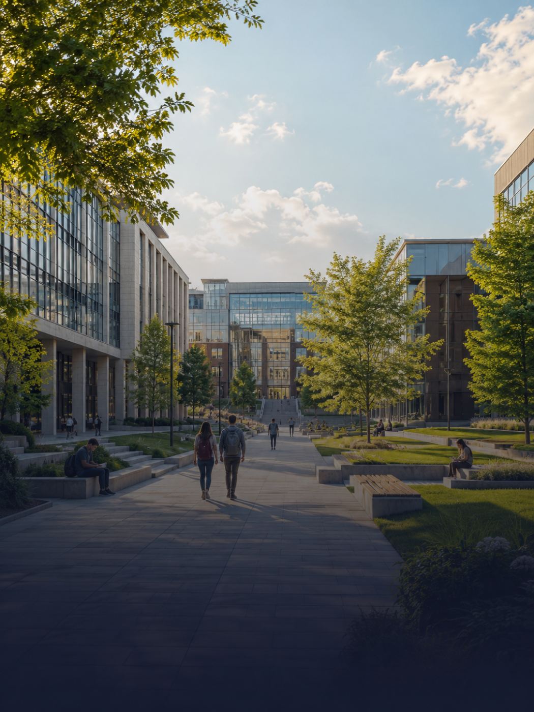 Modern school campus building framed by trees