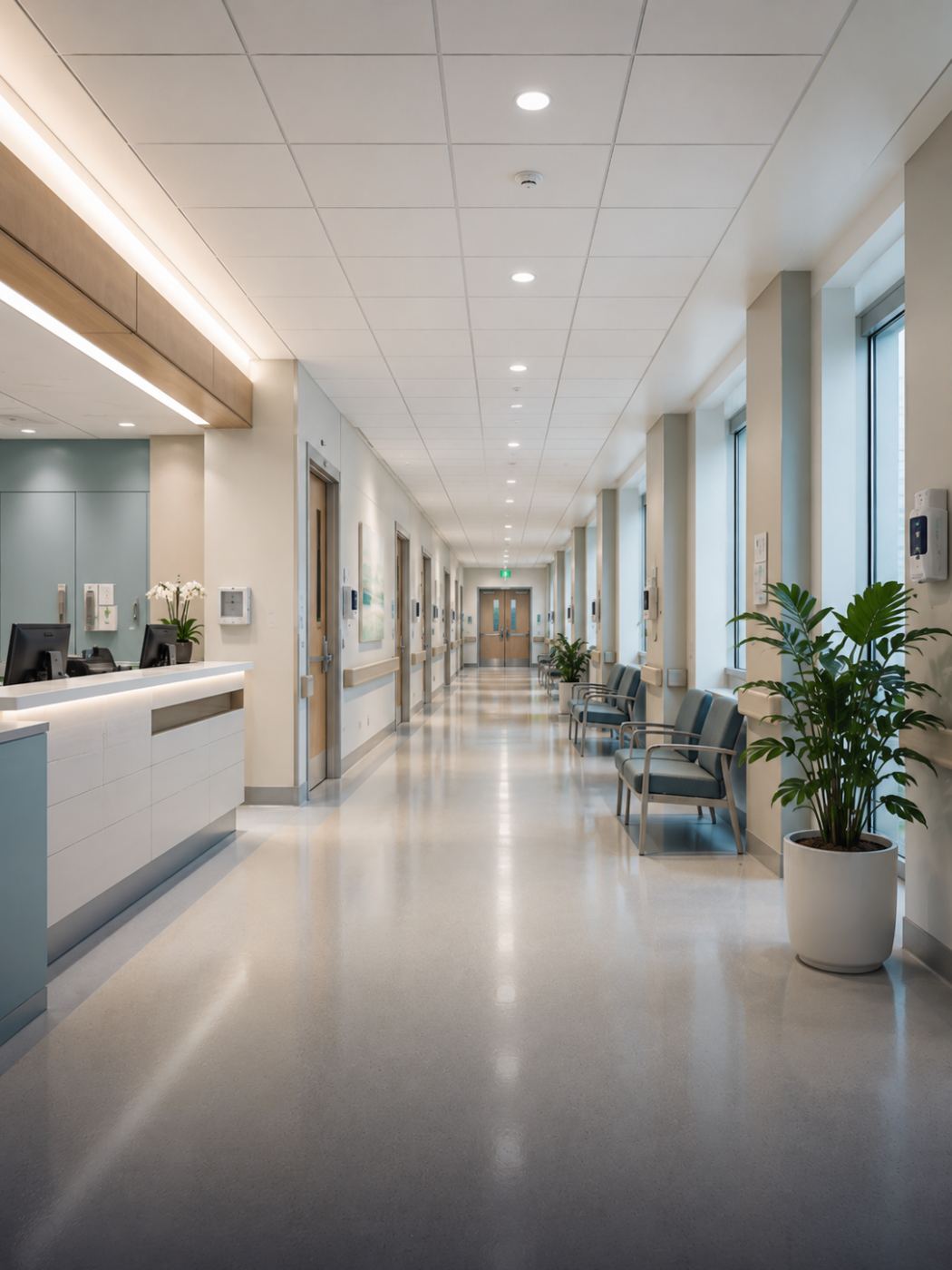 Bright hospital corridor with a staffed reception desk and waiting area