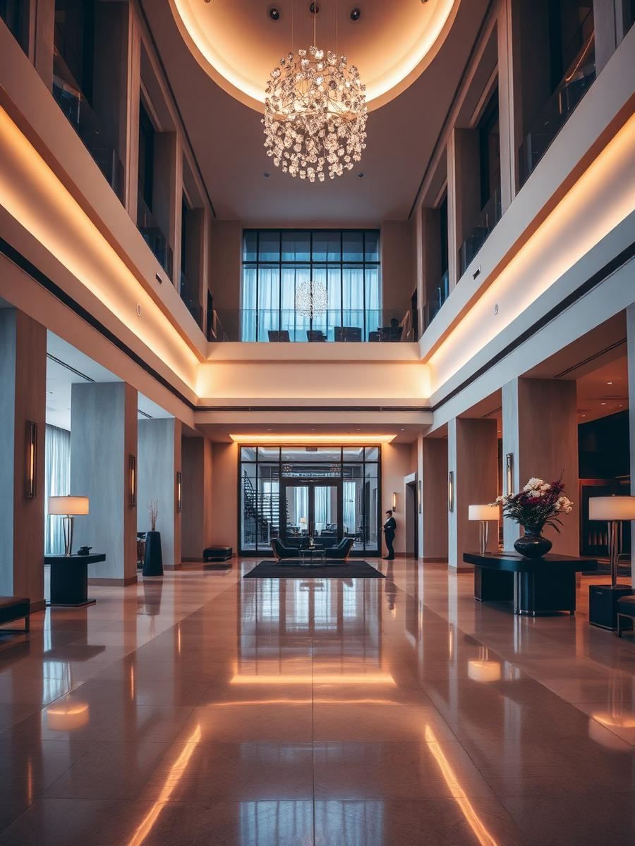 Upscale hotel lobby with lounge seating