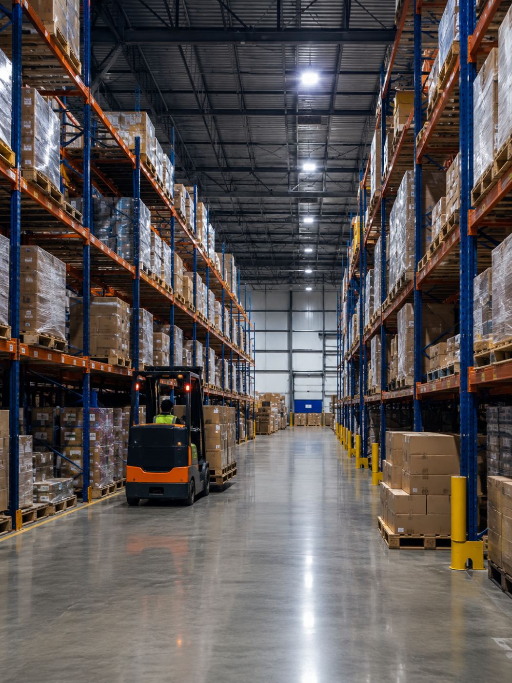 High-bay warehouse aisle stacked with racked inventory