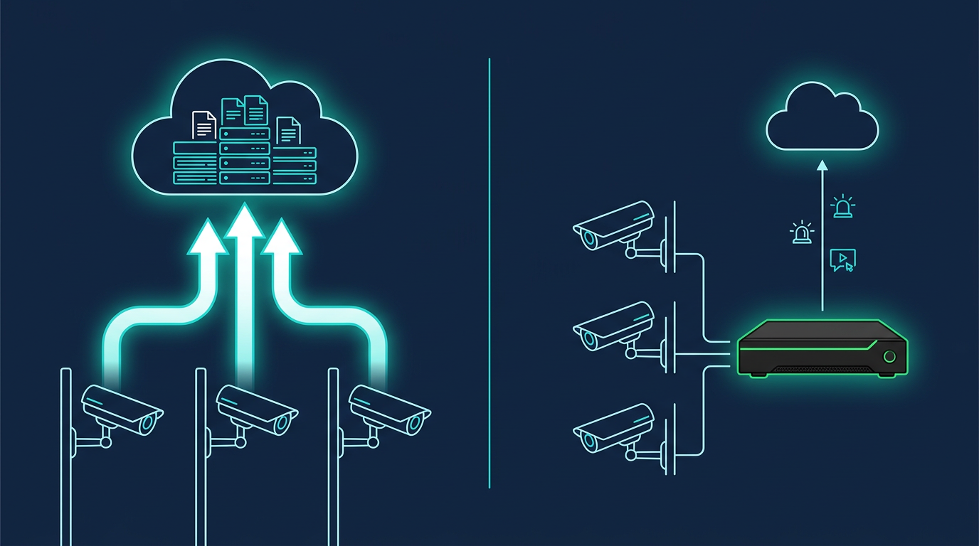 Diagram comparing cloud video analytics with edge AI processing.