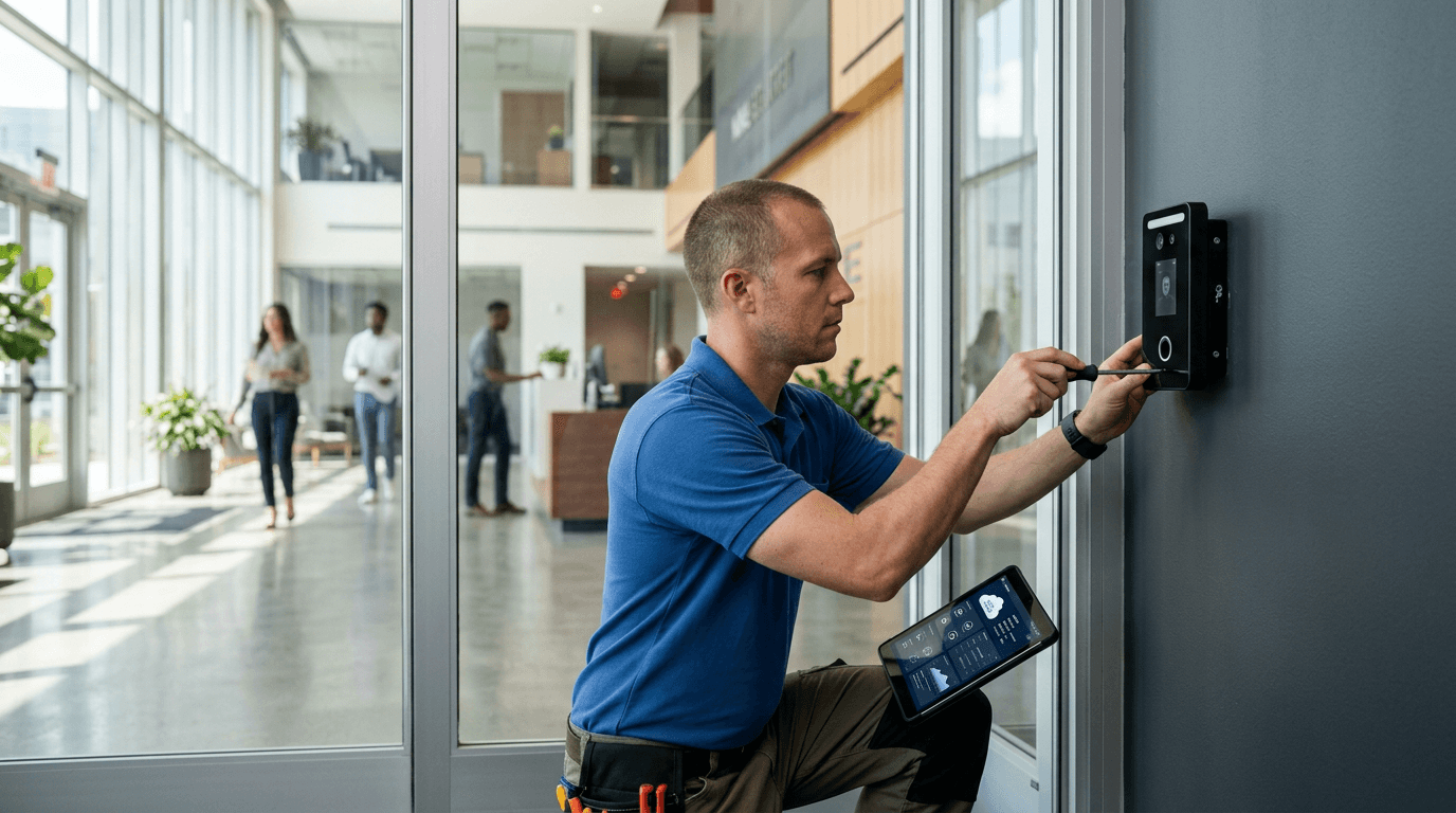 Security integrator installing an Alocity cloud access control reader.